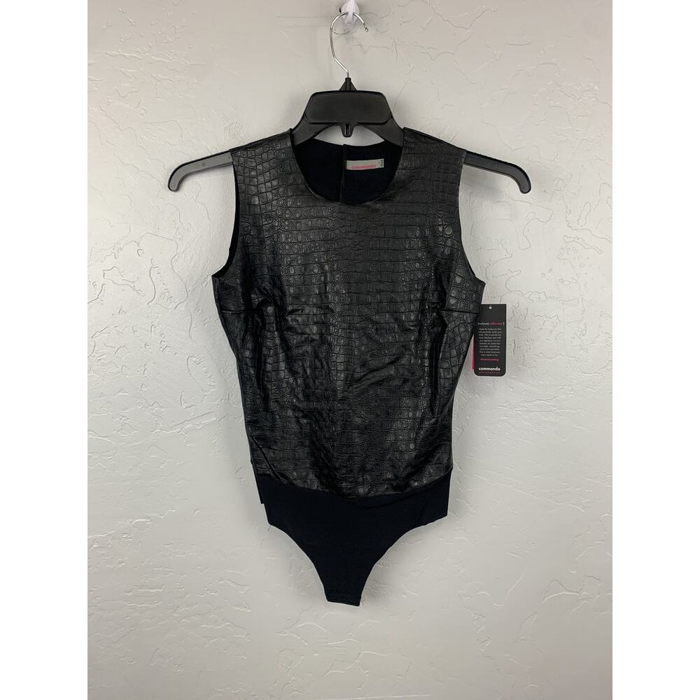 Commando Bodysuit Womens Small Black Faux Leather Animal Embossed Sleeveless New